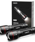Ultra Bright LED Flashlight With Zoomable Lens 5 Modes High Lumens Waterproof Pocket Size For Outdoor Camping Emergency Use Powered By AAA Battery EDC Ready For Easy Carry, shown with packaging and two flashlight units