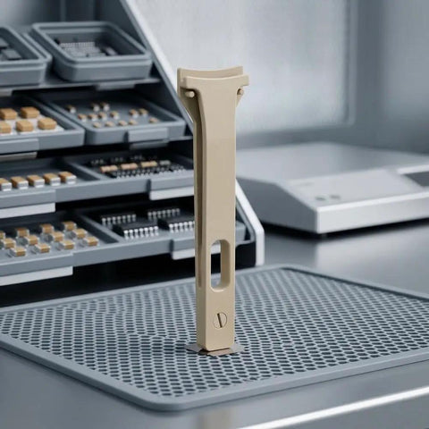 Pro Grade PEEK Tweezers Set For Delicate Semiconductor Handling With Zero Static Build Up And Totally Non Magnetic Tips eight inch, beige color on lab surface.