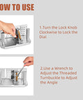 Pro Grade Belt Grinder Knife Jig With Adjustable Angle -5 To 25 Degrees showing use instructions for lock knob and angle adjustment.