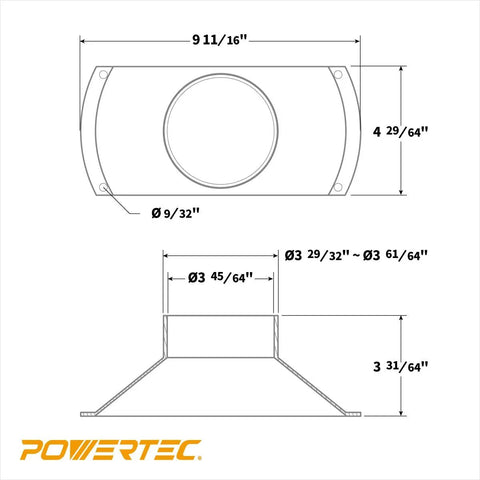 Technical drawing of Rectangular Dust Hood for 4 Inch OD Attachment, showing dimensions and design for woodworking dust collection.