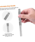 Hand holding Pro Grade 4-Piece Pin Punch Set for Watch and Jewelry Repair, showing knurled grip and stainless steel material