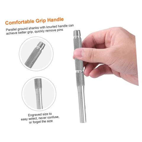 Hand holding Pro Grade 4-Piece Pin Punch Set for Watch and Jewelry Repair, showing knurled grip and stainless steel material