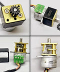 Collage of a DC micro stepper motor with brass gearbox; front gear, side with green terminal, back cover, gear train.