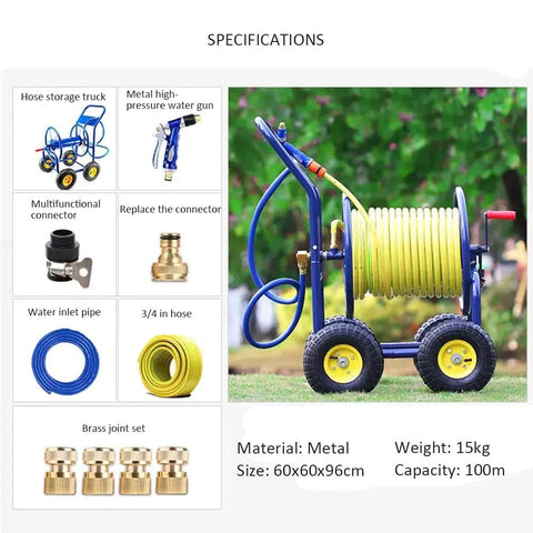 Built Like A Tank Heavy Duty Garden Hose Cart With Spray Gun, All Steel Hand Push Reel That Rolls Like Butter, Weather Proof Irrigation And Car Wash Workhorse, Stores 100 Meters, metal hose cart with hose reel and spray gun.