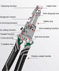 Eighteen In One Foldable Wire Stripper And Crimping Tool For Pros And DIYers with labeled functions and rubber-coated handle.