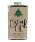Metal can of cedar oil with label, "All Natural Cedar Oil For Wood Restoration And Aroma Refresh Eastern Red Cedar Scent 8 Oz Bottle Renew Old Cedar And Deter Insects Protect Cabinets Furniture And More Covers About 300 Sq Ft."
