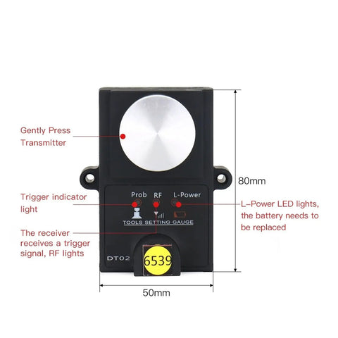 Hella Precise CNC Router Tool Setting Gauge High Accuracy Z Axis Height Controller showing buttons and indicator lights, 80mm by 50mm size.