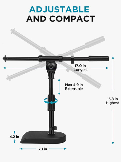 Adjustable Desk Microphone Stand With Weighted Base And Soft Grip Twist Clutch Boom Arm Three Eighths Inch And Five Eighths Inch Threaded Mounts