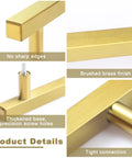 Close-up details of 30 Pack Brushed Brass Cabinet Handles showing no sharp edges, brushed brass finish, and precision screw holes.