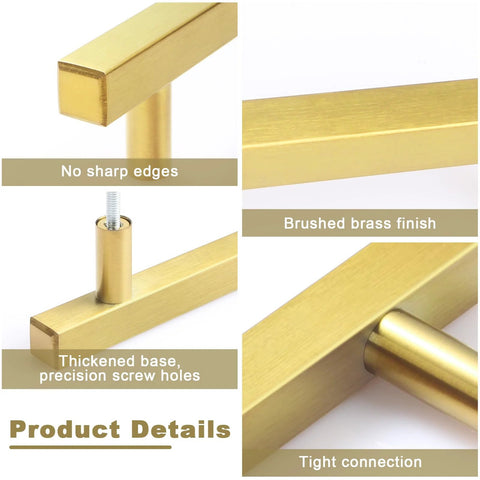 Close-up details of 30 Pack Brushed Brass Cabinet Handles showing no sharp edges, brushed brass finish, and precision screw holes.