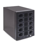 Heavy Duty 5 Bay External Hard Drive Enclosure In Sleek Black, featuring five slots for SATA drives and USB 3.0 ports.