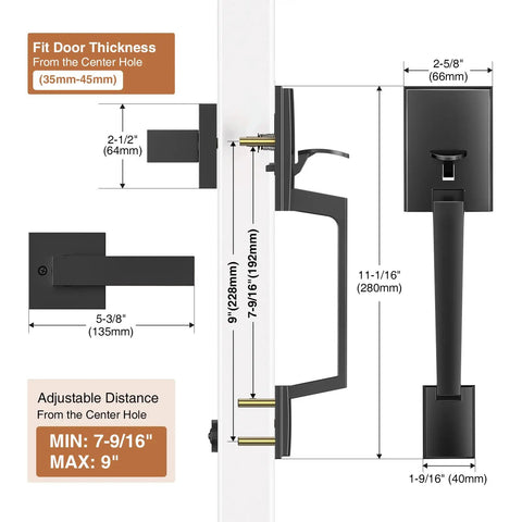 Black Front Door Handle With Passage Lever No Lock Exterior Door Handle dimensions and installation measurements diagram