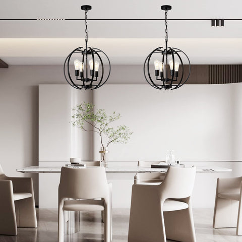 Dining room with Large Lantern Globe Black Chandelier For Farmhouse Vibe, Four Light Pendant Ceiling Fixture with adjustable arms.