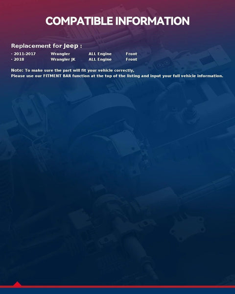 Compatibility guide for Jeep Wrangler 2011-2017 and 2018 JK with Front Wheel Bearing And Hub Assembly 513369, 5 lug with ABS.