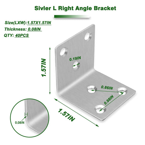 40 Pack 1.57 Inch Stainless Steel 304 Heavy Duty L Brackets With Slot 90 Degree Corner Shelf Brackets For Wood Furniture Bookshelves Repair Silver 0.08 Inch Thick High Load Capacity