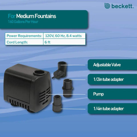 M160AUL Submersible Fountain Pump for 1 to 3 Foot Fountains, 160 GPH, 8.4 Watt, 4 Feet Lift with adjustable valve and adapters