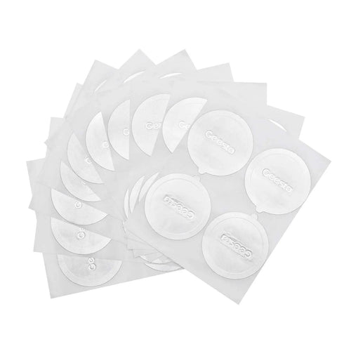 Reusable Aluminum Foil Seals Lids For Nespresso VertuoLine Capsules, 120 Count, shown in overlapping sheets