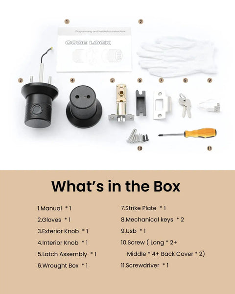 Unboxed components of 3 In 1 Smart Door Knob With Big Fingerprint Sensor And Keypad, including manual and installation tools.