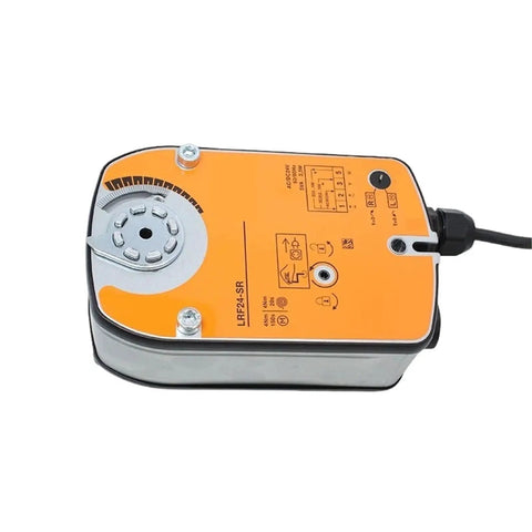 Smooth As Butter Ventilation Ball Valve Actuator Lrf24 Sr Modulating Rotary Actuator with top view showing orange housing and wiring.