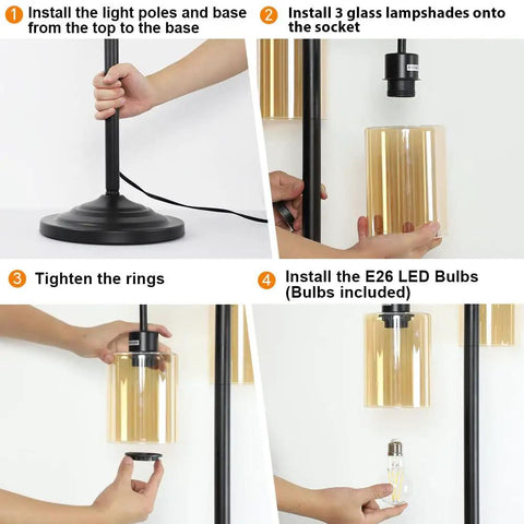 Industrial Tree Floor Lamp With 3 Amber Glass Shades Rustic Tall Standing LED Lamp For Living Room Bedroom Or Office Warm 360 Degree Lighting E26 Base Bulbs Included 67 Inches Tall