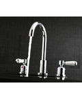 Paris Widespread Bathroom Faucet in polished chrome with solid brass build, ceramic disc cartridge, and porcelain lever, water flowing.