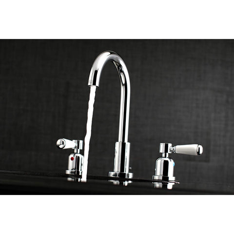 Paris Widespread Bathroom Faucet in polished chrome with solid brass build, ceramic disc cartridge, and porcelain lever, water flowing.