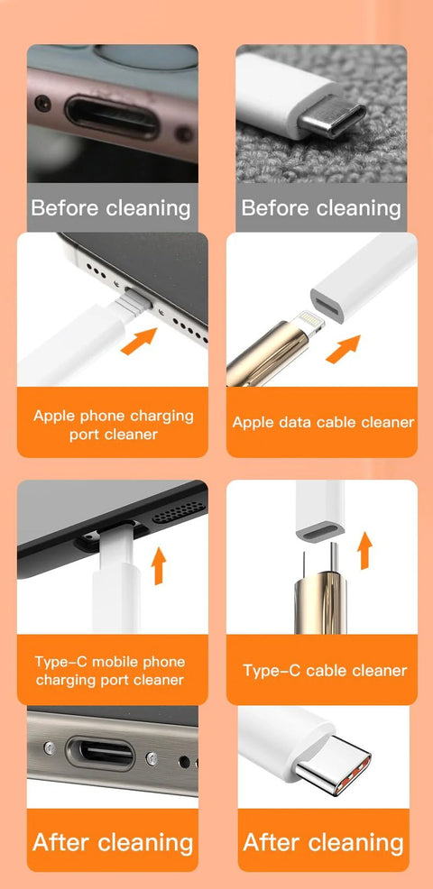 32-in-1 electronics cleaning kit in black; compact multi-tool with USB-C and Lightning port cleaners (collage view)