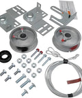 Components of Beefed Up Garage Door Torsion Spring Conversion Kit For Eight Foot Doors With Premium Cables Drums And Center Bracket