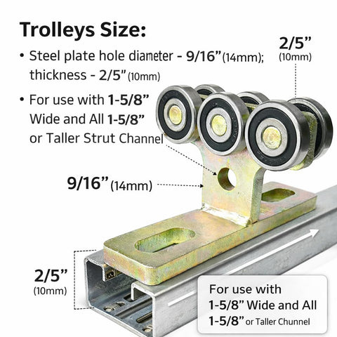 Heavy Duty 6 Wheel Type Trolley Assembly For Electric Hoists, Smooth Quiet Roller Trolley, Easy Install, Fits 1-5/8 Inch Wide Strut Channel