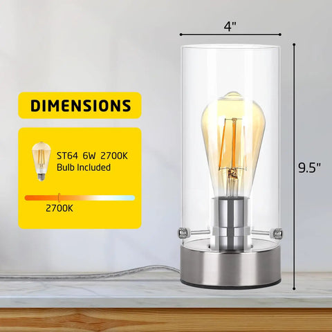Sleek Dope Touch Control Bedside Lamp With 3 Way Dimmable Brightness Round Glass Shade Nightstand Light LED Bulb Included show dimensions