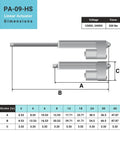 Dimension chart of 24V Industrial Mini Linear Electric Actuator With 40 Inch Stroke And 330 Pound Force, Hall Effect Feedback