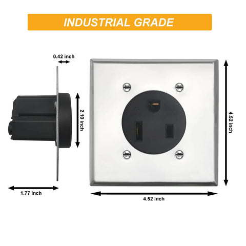 6-50 Receptacle With Square Plate For Welder And Plasma Cutter 50 Amp 250 Volt 2-Pole 3-Wire Outlet In Heavy Duty Thermoplastic Nylon Built For Rough And Ready Use Fits 2-Gang Boxes With 2.15 Inch Center Hole. Industrial grade 4.52-inch square plate outlet with side profile dimensions.