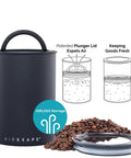 Stainless Steel Coffee Canister With Patented Inner Plunger Lid That Forces Out Oxygen And Locks In Freshness, Matte Black, Medium