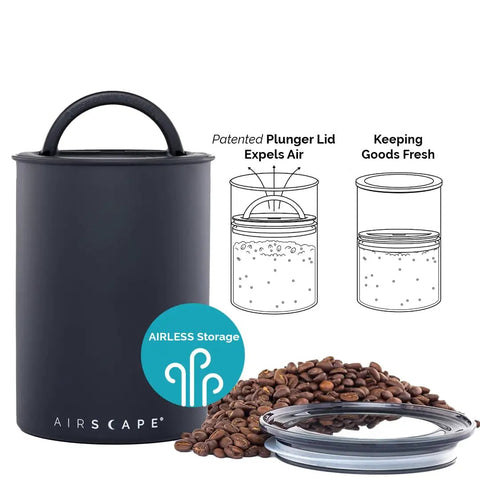 Stainless Steel Coffee Canister With Patented Inner Plunger Lid That Forces Out Oxygen And Locks In Freshness, Matte Black, Medium