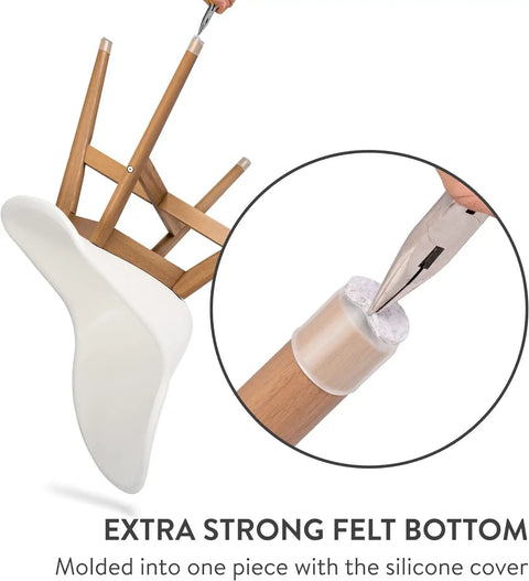 Clear Chair Leg Floor Protectors Set of 8 With Soft Silicone Pads and Felt Bottom showing installation on wooden chair leg.