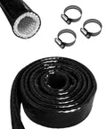 Fire Sleeve Heat Shield Three Eighth Inch ID Silicone Coated Fiberglass Heat Protection Five Foot Length Includes Three Stainless Steel Clamps For Automotive Hoses And Wiring Tough As Nails Extreme Heat Ready Black showing rolled sleeve and clamps