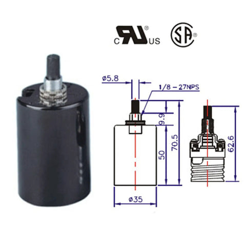 Beefy Black E26 Medium Base Phenolic Husk Socket With Bottom Turn Knob And On Off Switch Screw Terminals Heavy Duty 660W 250V 1/8 IP By 3/8 Inch Long Bushing 1 Pack, black socket with dimensions