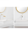 Clean As A Whistle Rectangular Ceramic Vessel Sink Built Tough For Daily Wear Fits Standard Counters with gold trim.