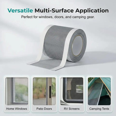 Heavy Duty Window and Door Screen Repair Patch Kit with Self Adhesive Fiberglass Mesh roll and applications for various surfaces