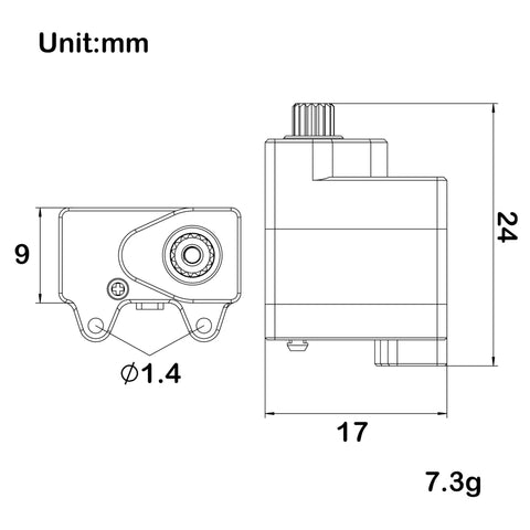 Technical drawing of Purple Coreless Micro Servo for Axial SCX30 1 to 30 RC Crawler showing dimensions and design details.