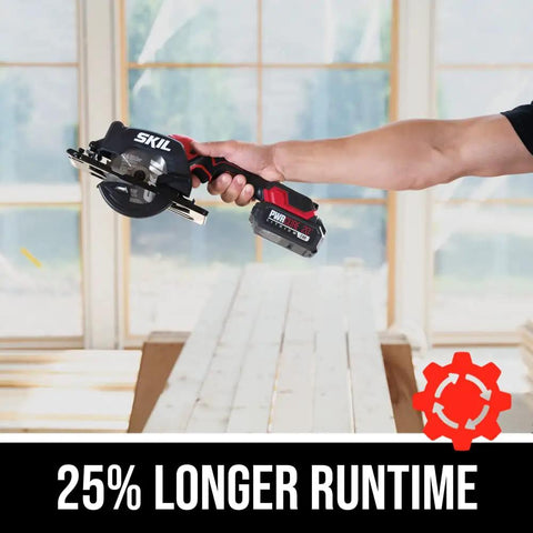 Super Compact One Handed Cordless Circular Saw Kit With Four And A Half Inch Blade Brushless Motor 20V Lithium Battery And Charger held in hand.
