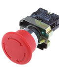 COMOK 22mm red mushroom emergency stop push-button switch, front view with metal mounting bracket
