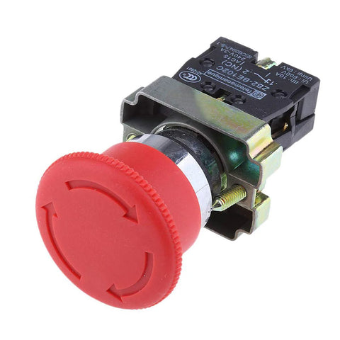 COMOK 22mm red mushroom emergency stop push-button switch, front view with metal mounting bracket