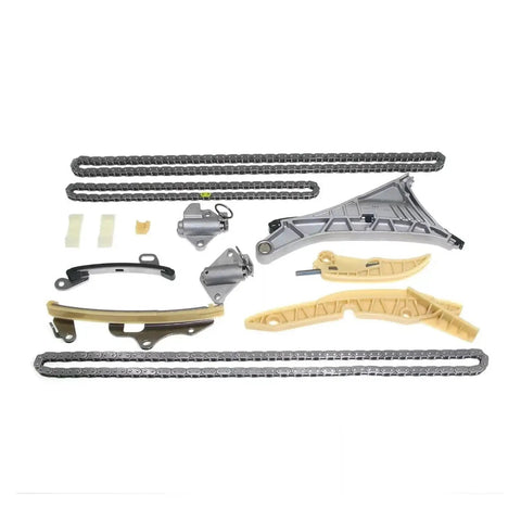 Top Tier Timing Chain Guides And Tensioner Kit Compatible With Porsche Cayenne, Audi A6 A8 Q7 For Reliable EA839 V6 Performance And Smooth Engine Operation. timing chain guides, tensioners, and chains laid out on white
