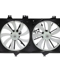Street Proof Double Blade Radiator And Condenser Cooling Fan Assembly For Toyota Camry 2.5L Engine 2012 2017 front view with dual fans and black housing.