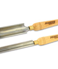 Heavy Duty High Speed Steel Spindle Roughing Gouge Set with beech handles for woodworking, includes 1 and 2 inch gouges.
