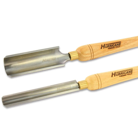 Heavy Duty High Speed Steel Spindle Roughing Gouge Set with beech handles for woodworking, includes 1 and 2 inch gouges.