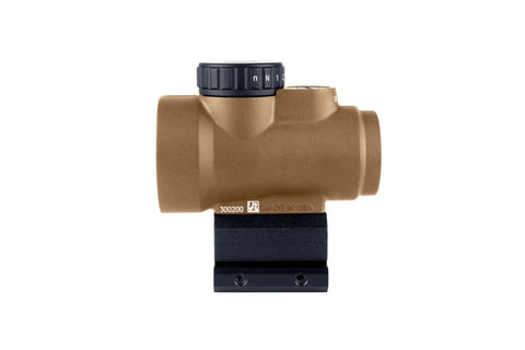Side view of MRO SD 1x25 Green Dot Sight with Adjustable LED, 2.0 MOA in coyote brown anodized finish and full co-witness mount.