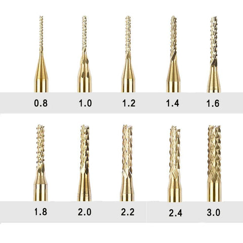 Titanium-coated engraving milling cutter set, carbide bits, 10 pcs, 0.8–3 mm, 1/8 in shank