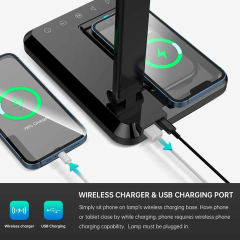 LED Desk Lamp With Wireless Charger And USB Port, Touch Control, black base charging two phones, Eye Care, Dimmer